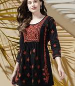 Hand Embroidered Black & Rust Cotton Lucknow Chikankari Women Short Kurti