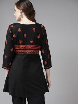 Hand Embroidered Black & Rust Cotton Lucknow Chikankari Women Short Kurti 2