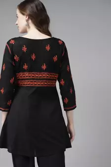 Hand Embroidered Black & Rust Cotton Lucknow Chikankari Women Short Kurti
