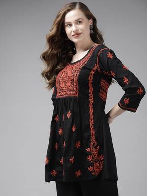 Hand Embroidered Black & Rust Cotton Lucknow Chikankari Women Short Kurti 3