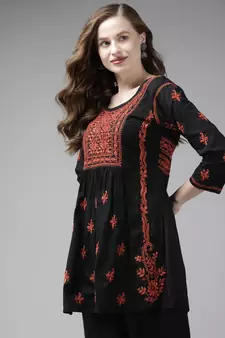 Hand Embroidered Black & Rust Cotton Lucknow Chikankari Women Short Kurti