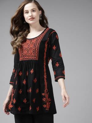 Hand Embroidered Black & Rust Cotton Lucknow Chikankari Women Short Kurti 4