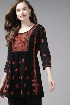 Hand Embroidered Black & Rust Cotton Lucknow Chikankari Women Short Kurti