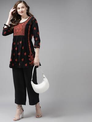 Hand Embroidered Black & Rust Cotton Lucknow Chikankari Women Short Kurti 5