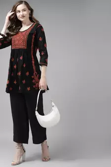 Hand Embroidered Black & Rust Cotton Lucknow Chikankari Women Short Kurti