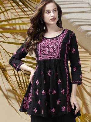 Hand Embroidered Black & Purple Cotton Lucknowi Chikan Women Short Kurti 1