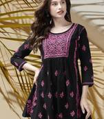 Hand Embroidered Black & Purple Cotton Lucknowi Chikan Women Short Kurti