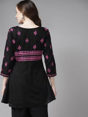Hand Embroidered Black & Purple Cotton Lucknowi Chikan Women Short Kurti 2