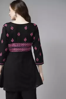 Hand Embroidered Black & Purple Cotton Lucknowi Chikan Women Short Kurti