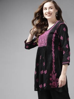 Hand Embroidered Black & Purple Cotton Lucknowi Chikan Women Short Kurti 3
