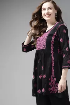 Hand Embroidered Black & Purple Cotton Lucknowi Chikan Women Short Kurti