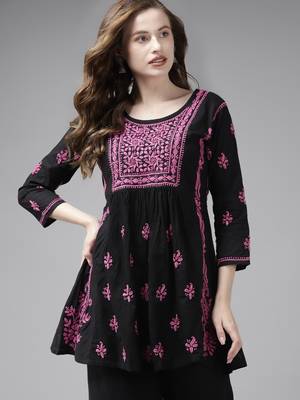 Hand Embroidered Black & Purple Cotton Lucknowi Chikan Women Short Kurti 4
