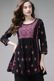 Hand Embroidered Black & Purple Cotton Lucknowi Chikan Women Short Kurti