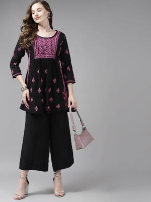 Hand Embroidered Black & Purple Cotton Lucknowi Chikan Women Short Kurti 5