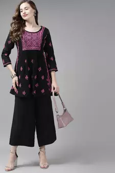 Hand Embroidered Black & Purple Cotton Lucknowi Chikan Women Short Kurti