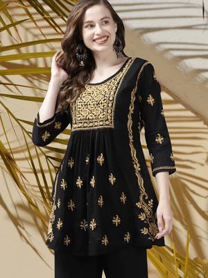 Hand Embroidered Black & Beige Cotton Lucknowi Chikan Women Short Kurti 1