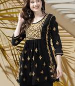 Hand Embroidered Black & Beige Cotton Lucknowi Chikan Women Short Kurti