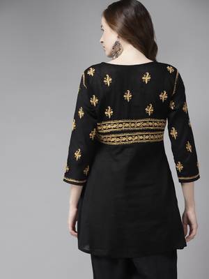 Hand Embroidered Black & Beige Cotton Lucknowi Chikan Women Short Kurti 2