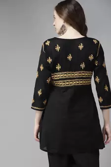 Hand Embroidered Black & Beige Cotton Lucknowi Chikan Women Short Kurti