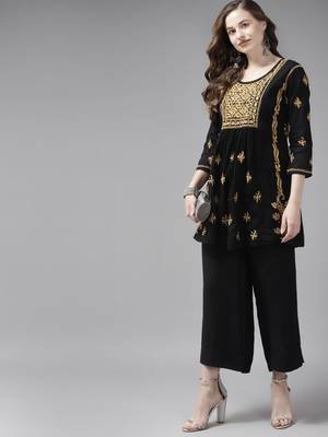Hand Embroidered Black & Beige Cotton Lucknowi Chikan Women Short Kurti 3