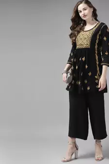 Hand Embroidered Black & Beige Cotton Lucknowi Chikan Women Short Kurti