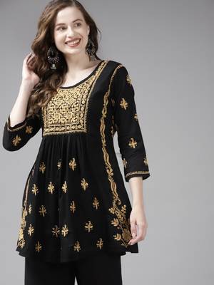 Hand Embroidered Black & Beige Cotton Lucknowi Chikan Women Short Kurti 4
