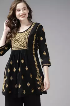 Hand Embroidered Black & Beige Cotton Lucknowi Chikan Women Short Kurti