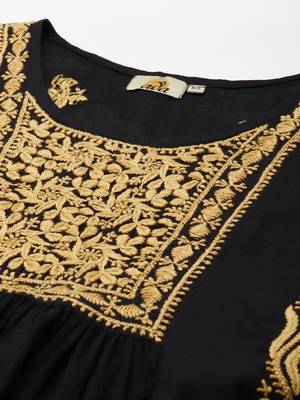 Hand Embroidered Black & Beige Cotton Lucknowi Chikan Women Short Kurti 5