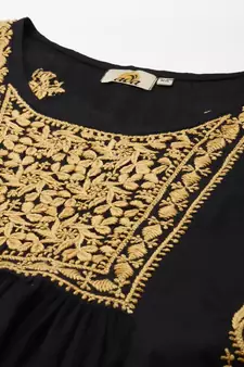 Hand Embroidered Black & Beige Cotton Lucknowi Chikan Women Short Kurti