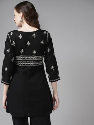 Hand Embroidered Black & Grey Cotton Lucknowi Chikan Women Short Kurti 2