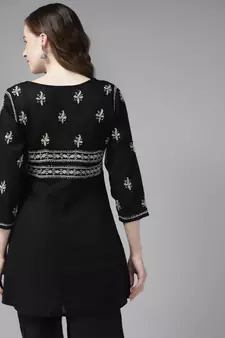 Hand Embroidered Black & Grey Cotton Lucknowi Chikan Women Short Kurti