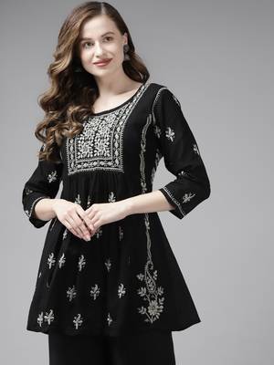 Hand Embroidered Black & Grey Cotton Lucknowi Chikan Women Short Kurti 3
