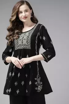 Hand Embroidered Black & Grey Cotton Lucknowi Chikan Women Short Kurti