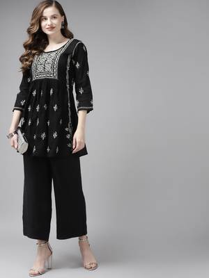 Hand Embroidered Black & Grey Cotton Lucknowi Chikan Women Short Kurti 4