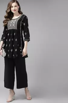 Hand Embroidered Black & Grey Cotton Lucknowi Chikan Women Short Kurti