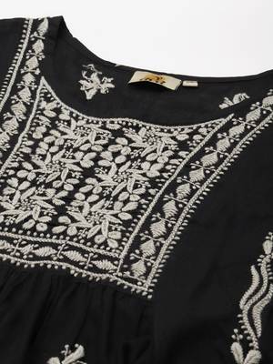 Hand Embroidered Black & Grey Cotton Lucknowi Chikan Women Short Kurti 5