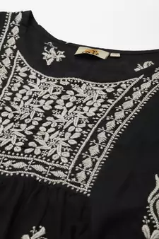 Hand Embroidered Black & Grey Cotton Lucknowi Chikan Women Short Kurti