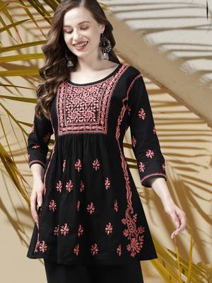 Hand Embroidered Black & Peach Cotton Lucknow Chikankari Women Short Kurti 1
