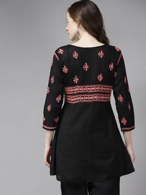 Hand Embroidered Black & Peach Cotton Lucknow Chikankari Women Short Kurti 2