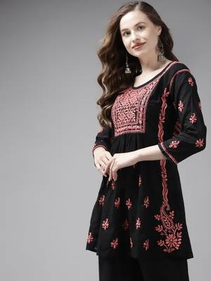 Hand Embroidered Black & Peach Cotton Lucknow Chikankari Women Short Kurti 3