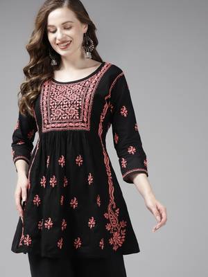 Hand Embroidered Black & Peach Cotton Lucknow Chikankari Women Short Kurti 4