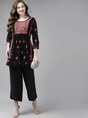 Hand Embroidered Black & Peach Cotton Lucknow Chikankari Women Short Kurti 5