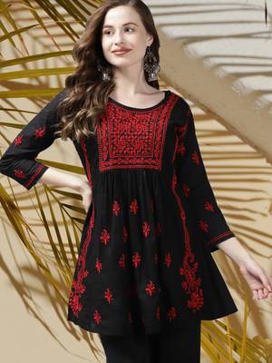 Hand Embroidered Black & Red Cotton Lucknowi Chikan Women Short Kurti 1