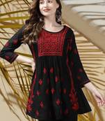 Hand Embroidered Black & Red Cotton Lucknowi Chikan Women Short Kurti