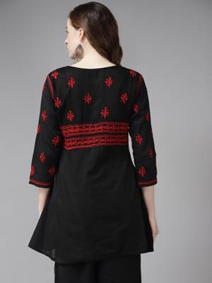 Hand Embroidered Black & Red Cotton Lucknowi Chikan Women Short Kurti 2