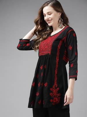 Hand Embroidered Black & Red Cotton Lucknowi Chikan Women Short Kurti 3