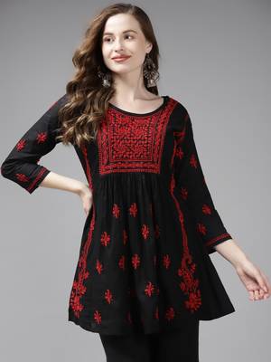 Hand Embroidered Black & Red Cotton Lucknowi Chikan Women Short Kurti 4