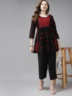 Hand Embroidered Black & Red Cotton Lucknowi Chikan Women Short Kurti 5