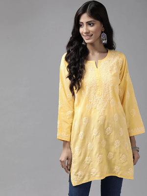 Hand Embroidered Yellow Cotton Lucknowi Chikankari Women Short Kurti 1