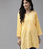 Hand Embroidered Yellow Cotton Lucknowi Chikankari Women Short Kurti